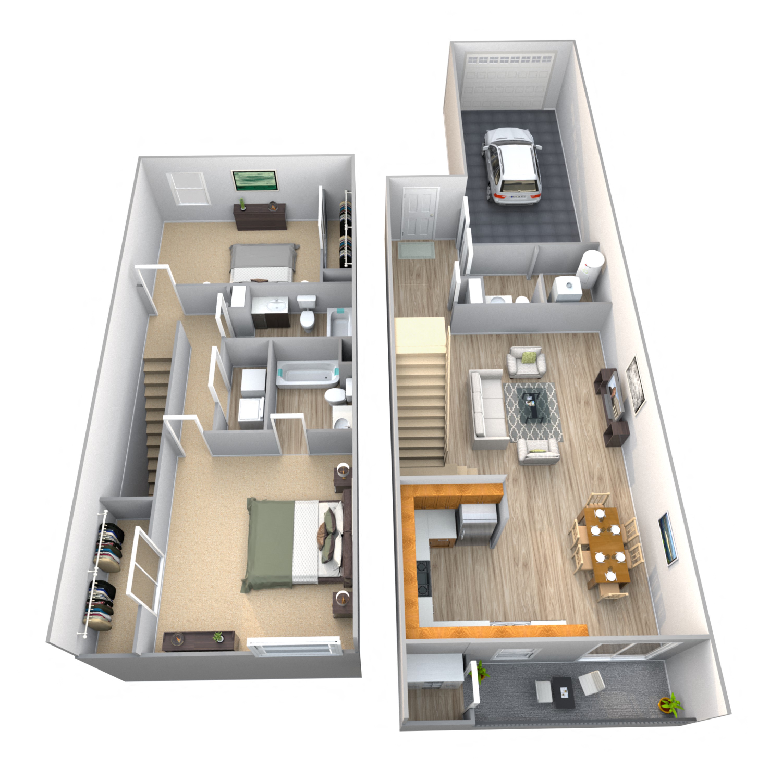 Floor plan for 2 beds, 2.5 baths, 1275 sqft